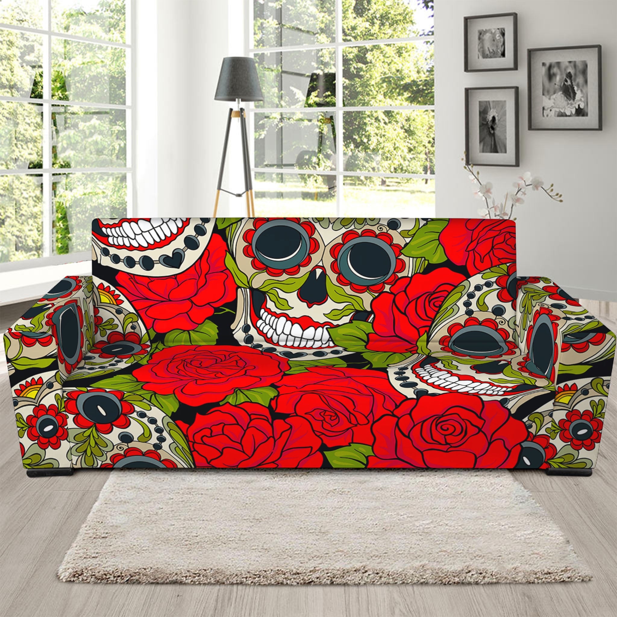 Rose Floral Sugar Skull Pattern Print Sofa Slipcover