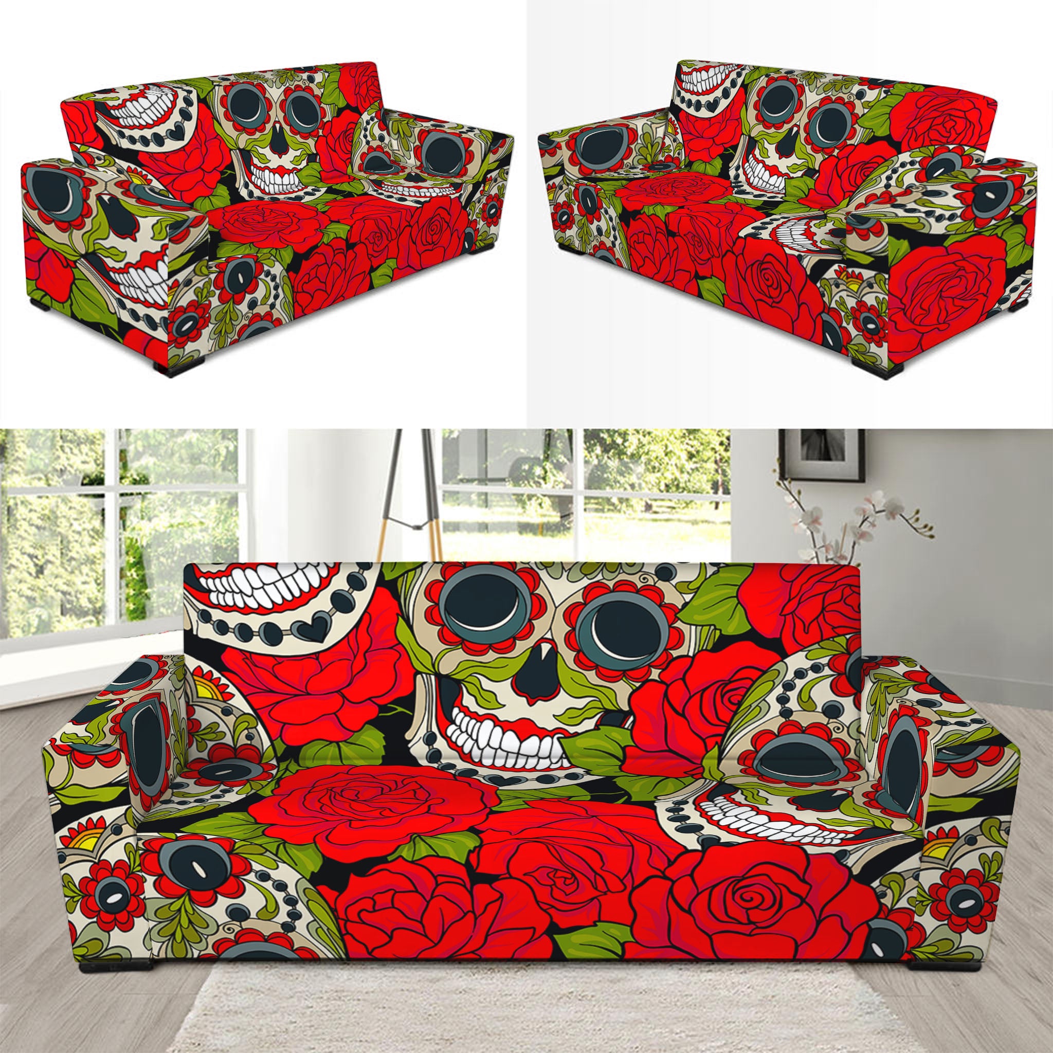 Rose Floral Sugar Skull Pattern Print Sofa Slipcover