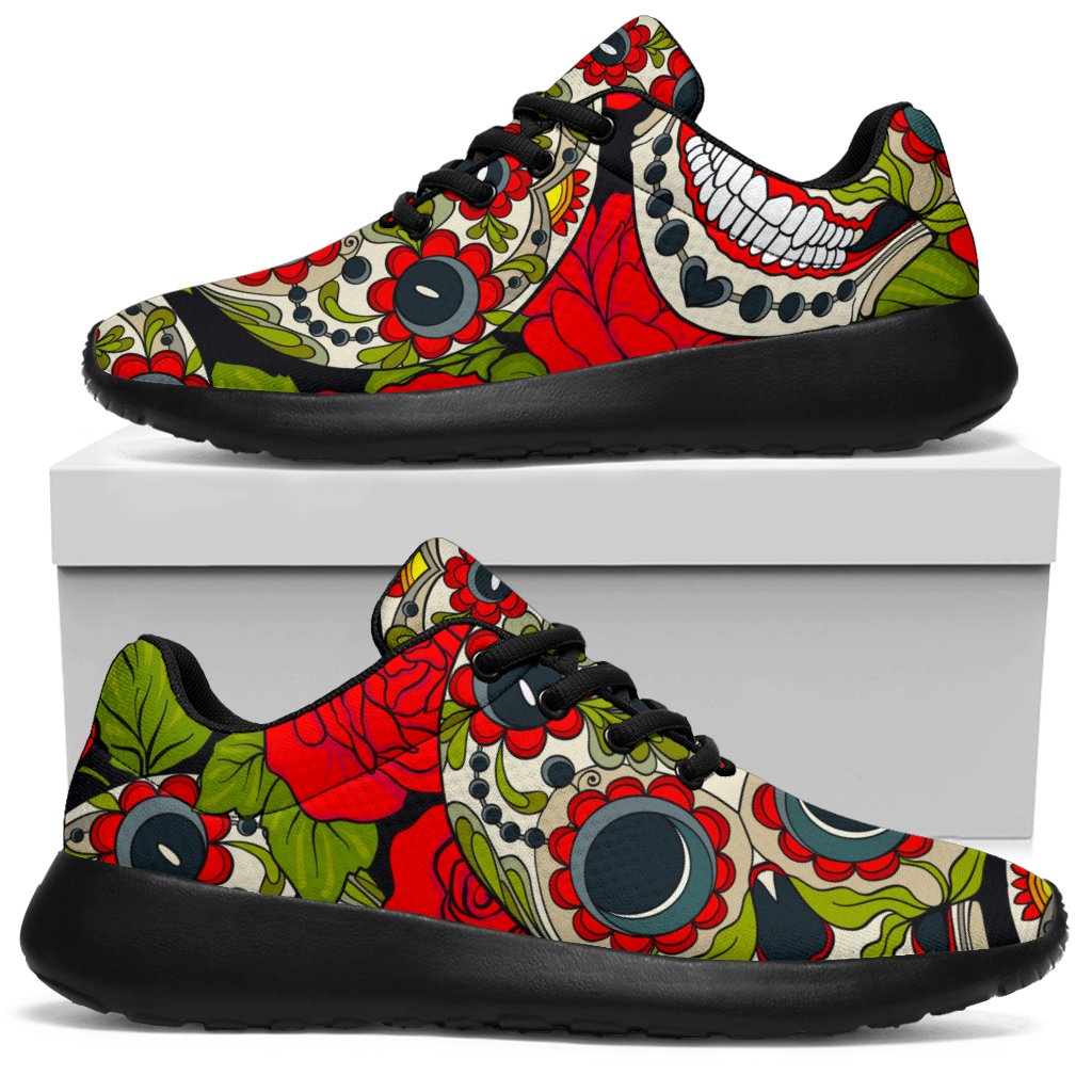 Rose Floral Sugar Skull Pattern Print Sport Shoes GearFrost