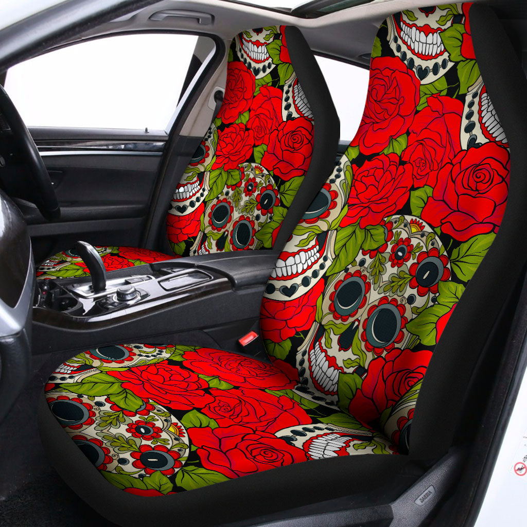 Rose Floral Sugar Skull Pattern Print Universal Fit Car Seat Covers