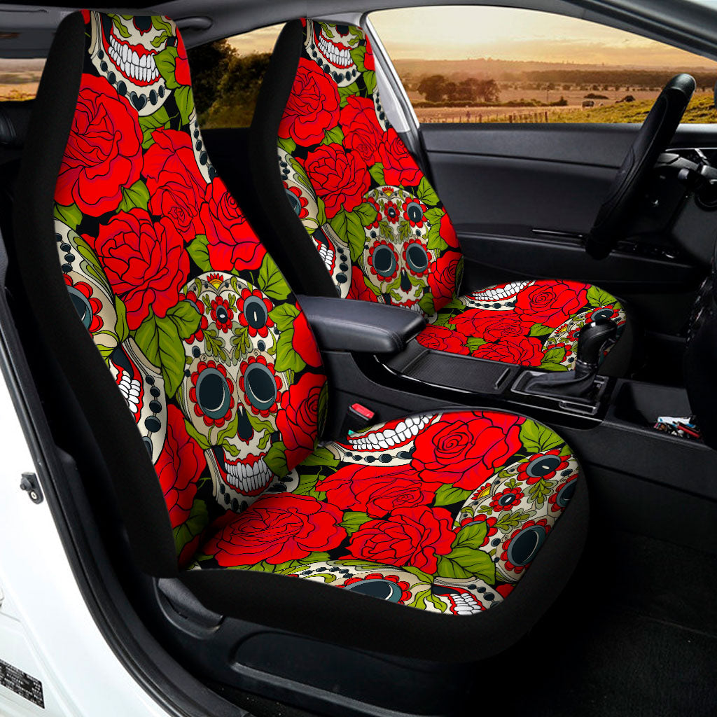Rose Floral Sugar Skull Pattern Print Universal Fit Car Seat Covers
