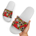Rose Floral Sugar Skull Pattern Print White Slide Sandals