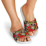 Rose Floral Sugar Skull Pattern Print White Slide Sandals