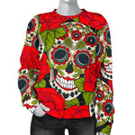Rose Floral Sugar Skull Pattern Print Women's Crewneck Sweatshirt GearFrost
