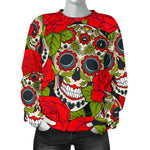 Rose Floral Sugar Skull Pattern Print Women's Crewneck Sweatshirt GearFrost