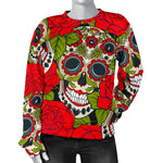Rose Floral Sugar Skull Pattern Print Women's Crewneck Sweatshirt GearFrost