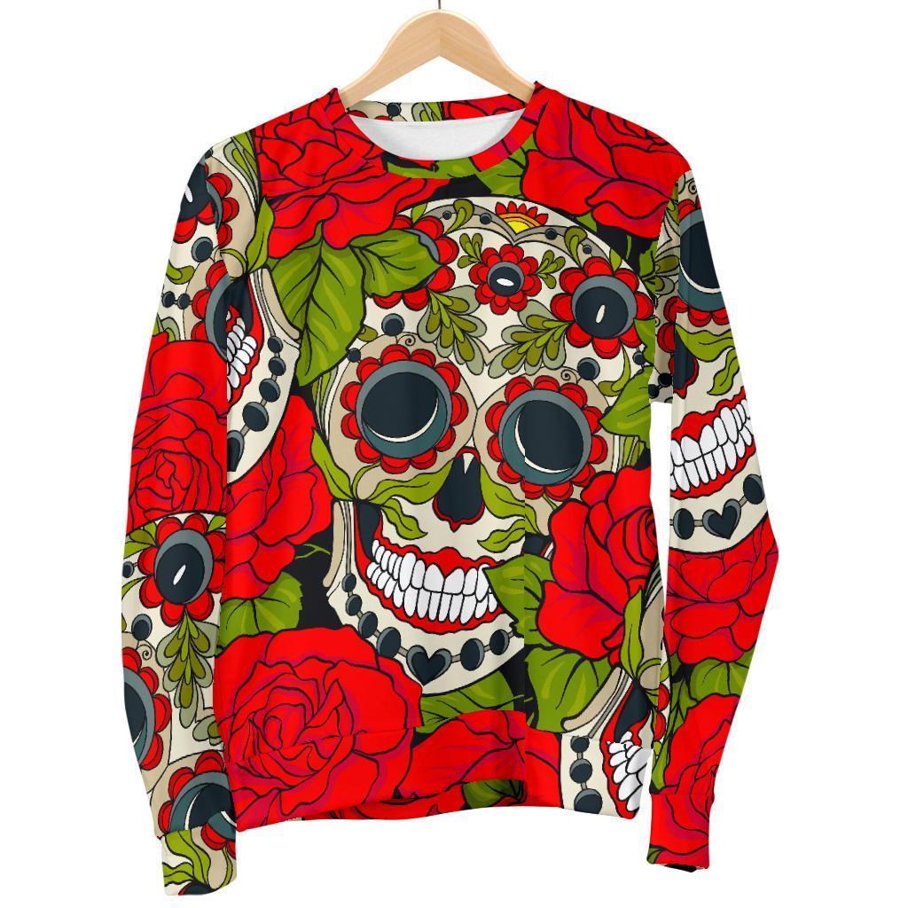 Rose Floral Sugar Skull Pattern Print Women's Crewneck Sweatshirt GearFrost