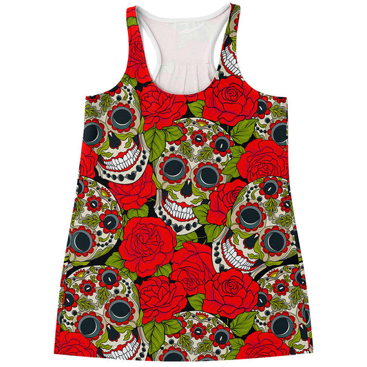 Rose Floral Sugar Skull Pattern Print Women's Racerback Tank Top