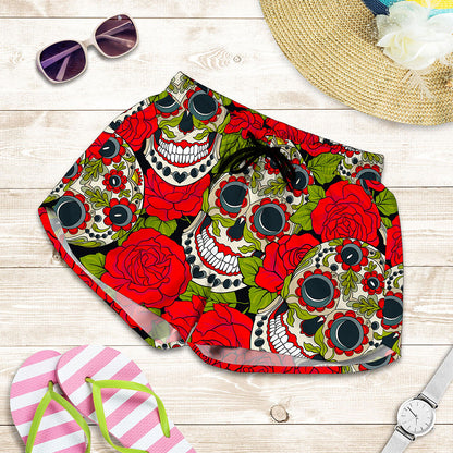 Rose Floral Sugar Skull Pattern Print Women's Shorts
