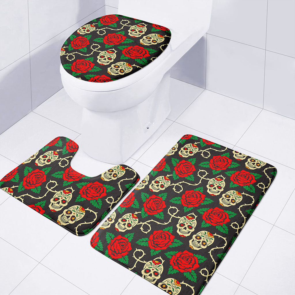 Rose Flower Sugar Skull Pattern Print 3 Piece Bath Mat Set