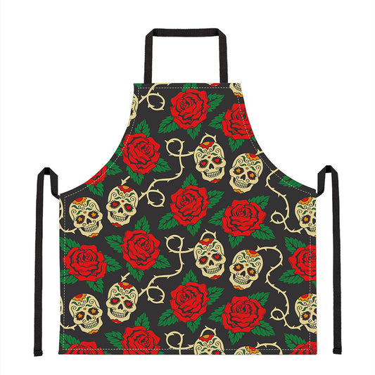 Rose Flower Sugar Skull Pattern Print Apron