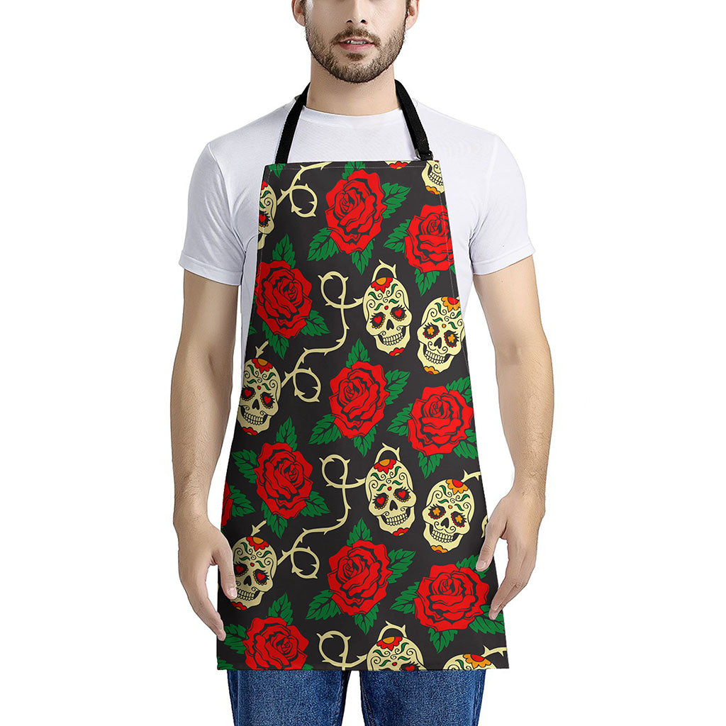 Rose Flower Sugar Skull Pattern Print Apron