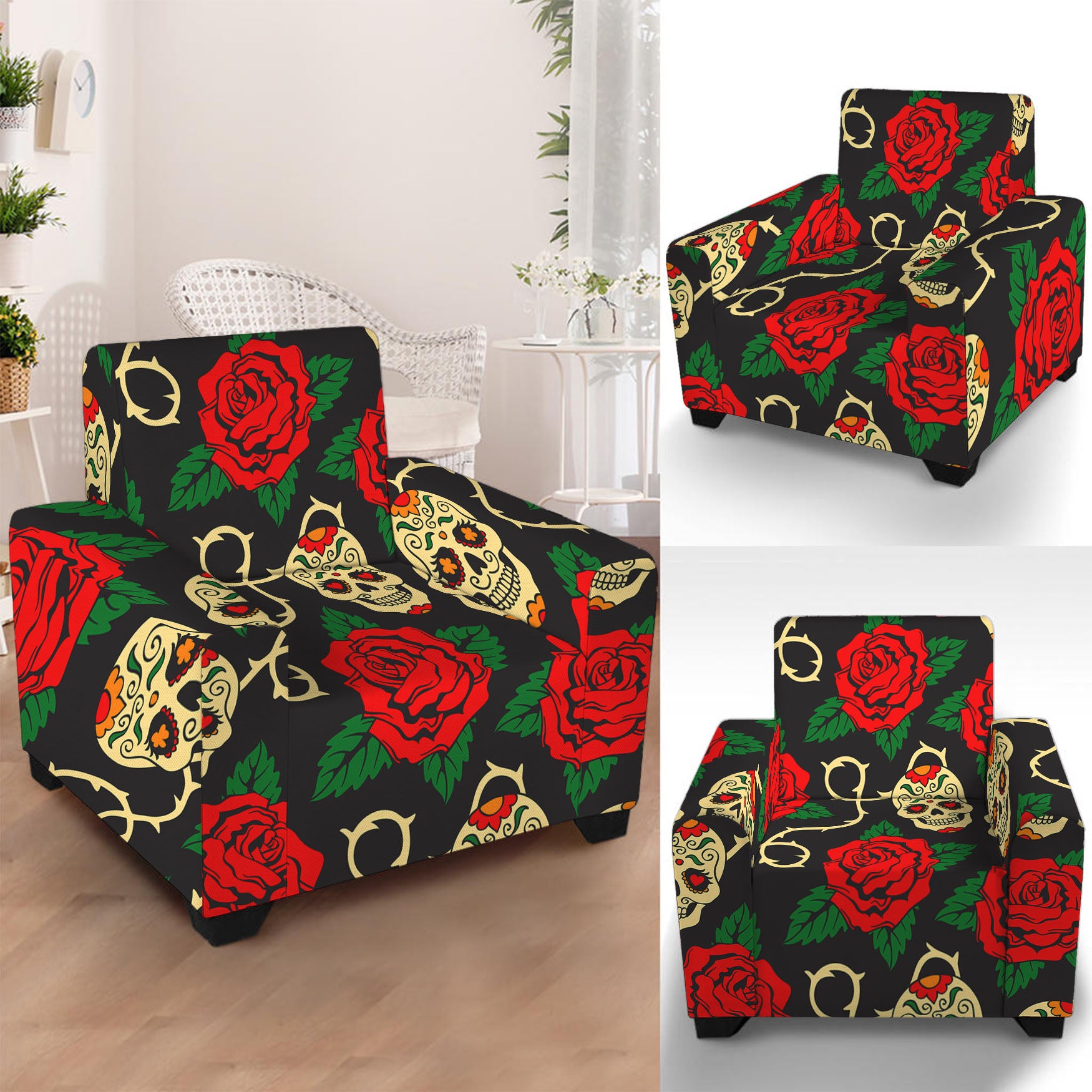 Rose Flower Sugar Skull Pattern Print Armchair Slipcover