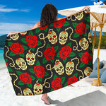 Rose Flower Sugar Skull Pattern Print Beach Sarong Wrap