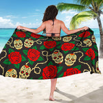 Rose Flower Sugar Skull Pattern Print Beach Sarong Wrap