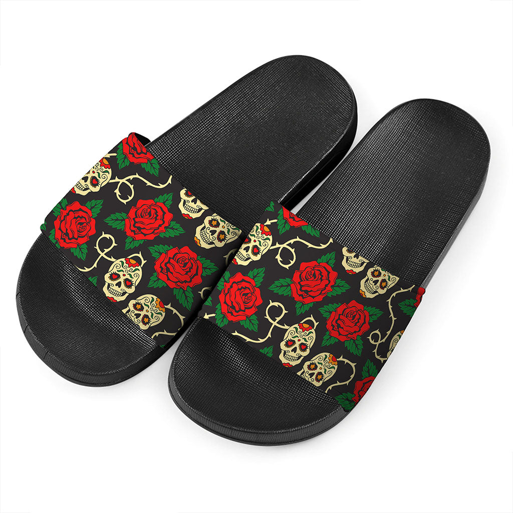 Rose Flower Sugar Skull Pattern Print Black Slide Sandals