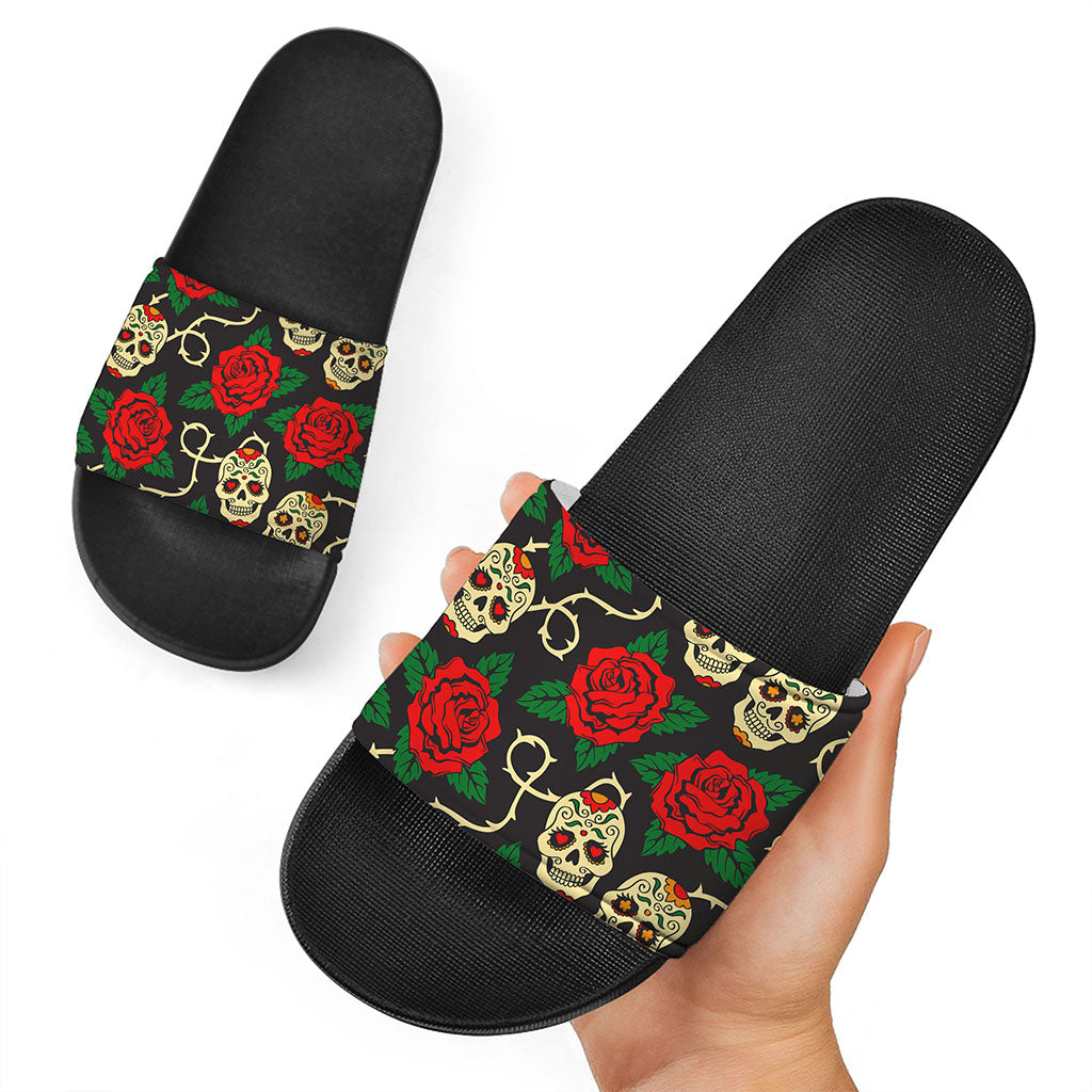 Rose Flower Sugar Skull Pattern Print Black Slide Sandals