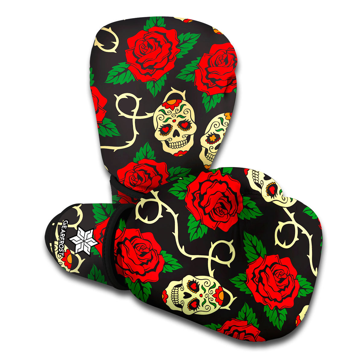 Rose Flower Sugar Skull Pattern Print Boxing Gloves