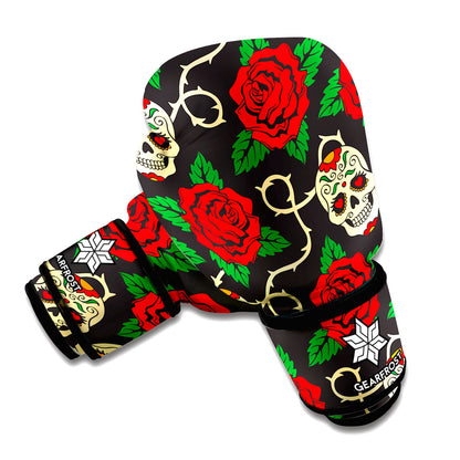 Rose Flower Sugar Skull Pattern Print Boxing Gloves