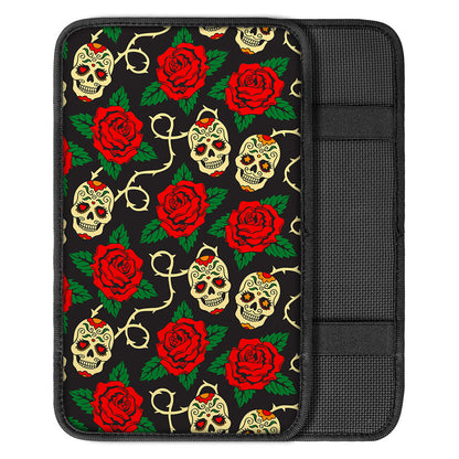 Rose Flower Sugar Skull Pattern Print Car Center Console Cover