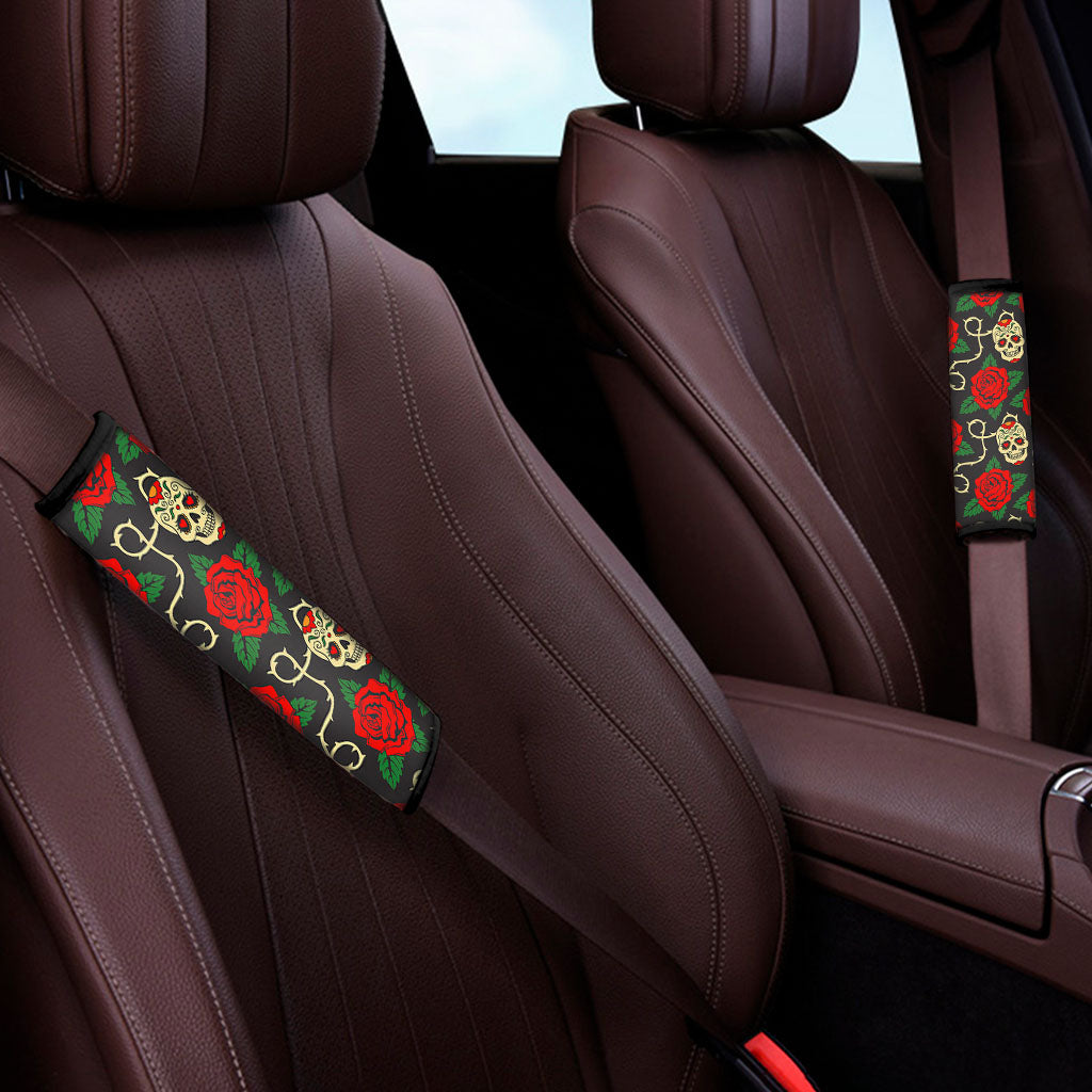 Rose Flower Sugar Skull Pattern Print Car Seat Belt Covers