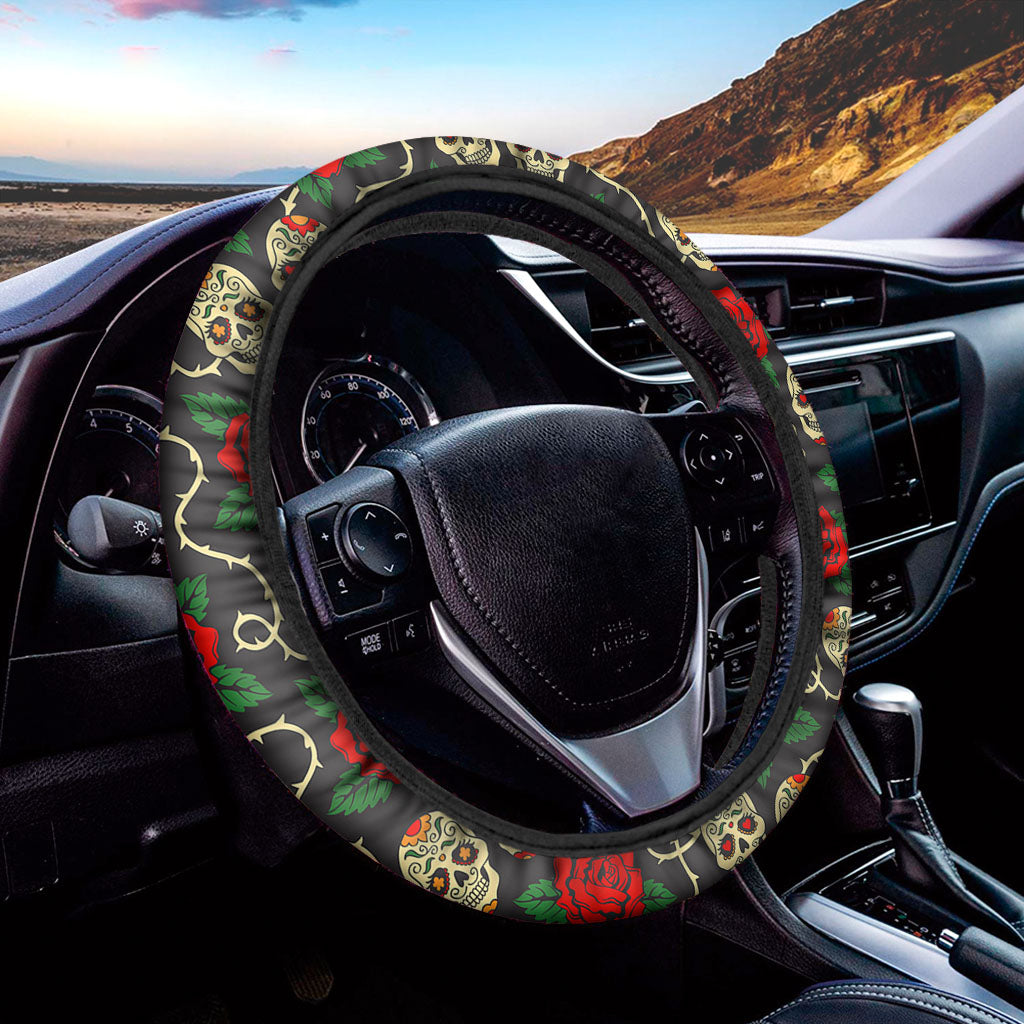 Rose Flower Sugar Skull Pattern Print Car Steering Wheel Cover