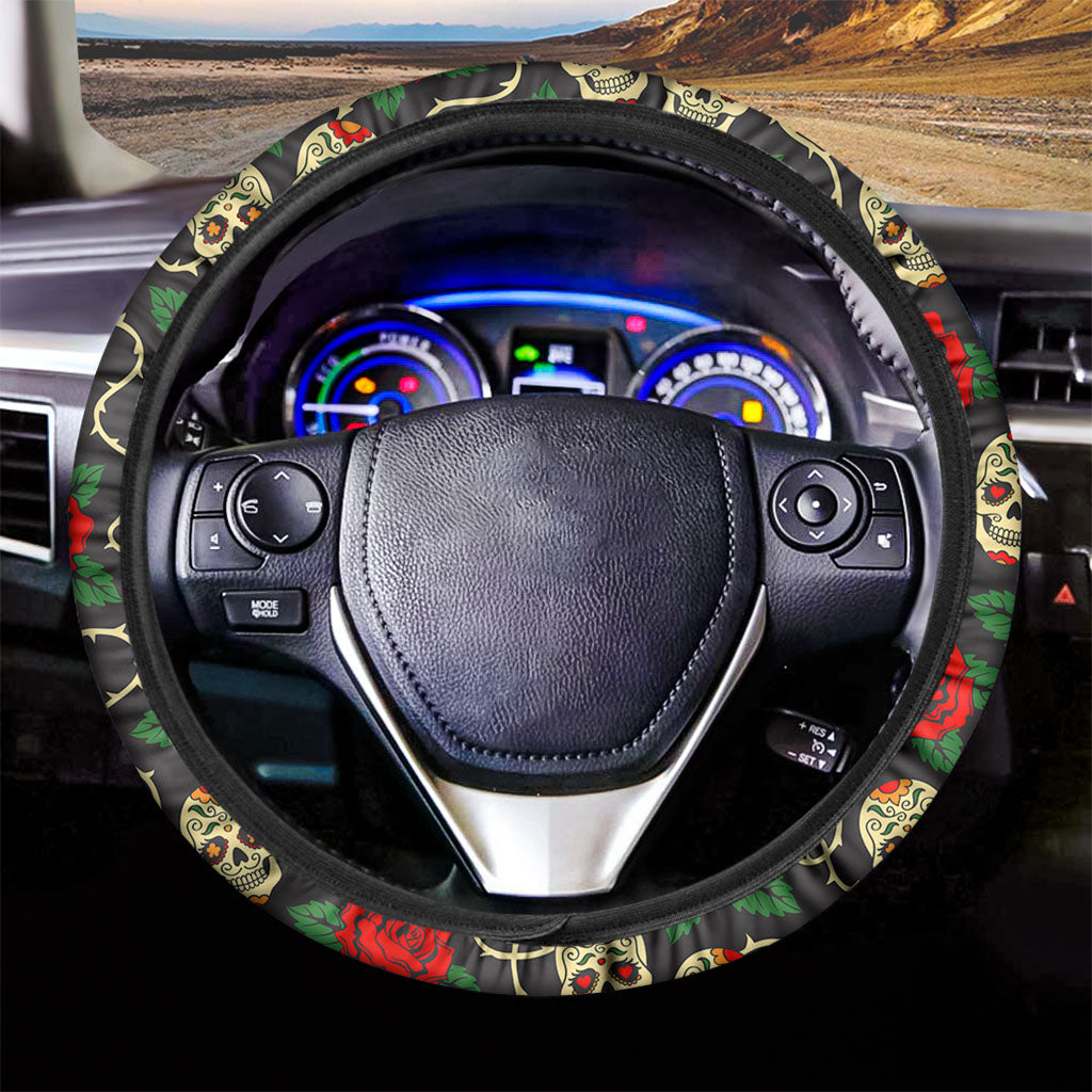 Rose Flower Sugar Skull Pattern Print Car Steering Wheel Cover