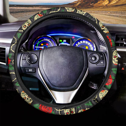 Rose Flower Sugar Skull Pattern Print Car Steering Wheel Cover