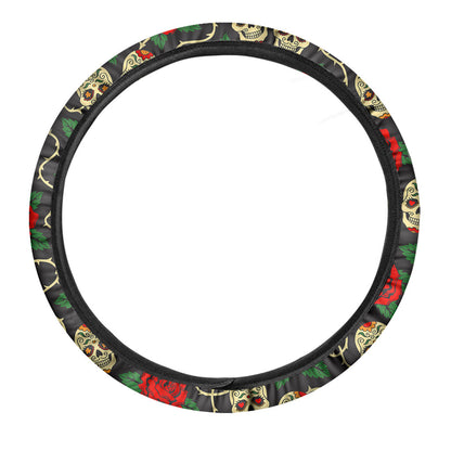 Rose Flower Sugar Skull Pattern Print Car Steering Wheel Cover