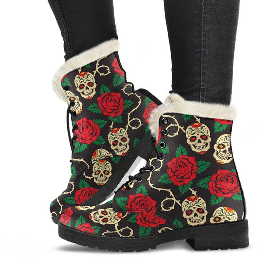 Rose Flower Sugar Skull Pattern Print Comfy Boots GearFrost
