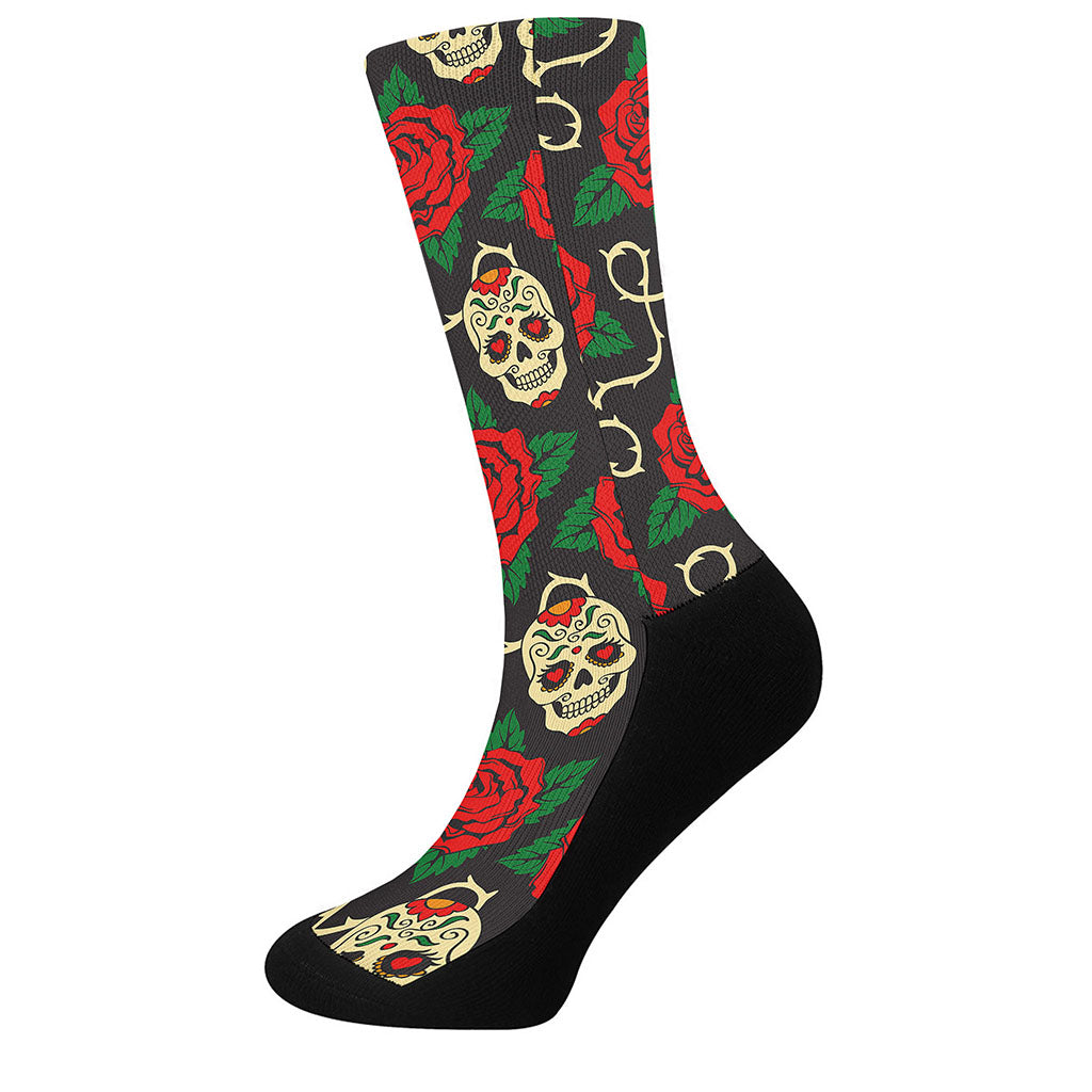 Rose Flower Sugar Skull Pattern Print Crew Socks