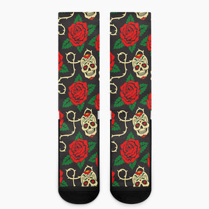 Rose Flower Sugar Skull Pattern Print Crew Socks