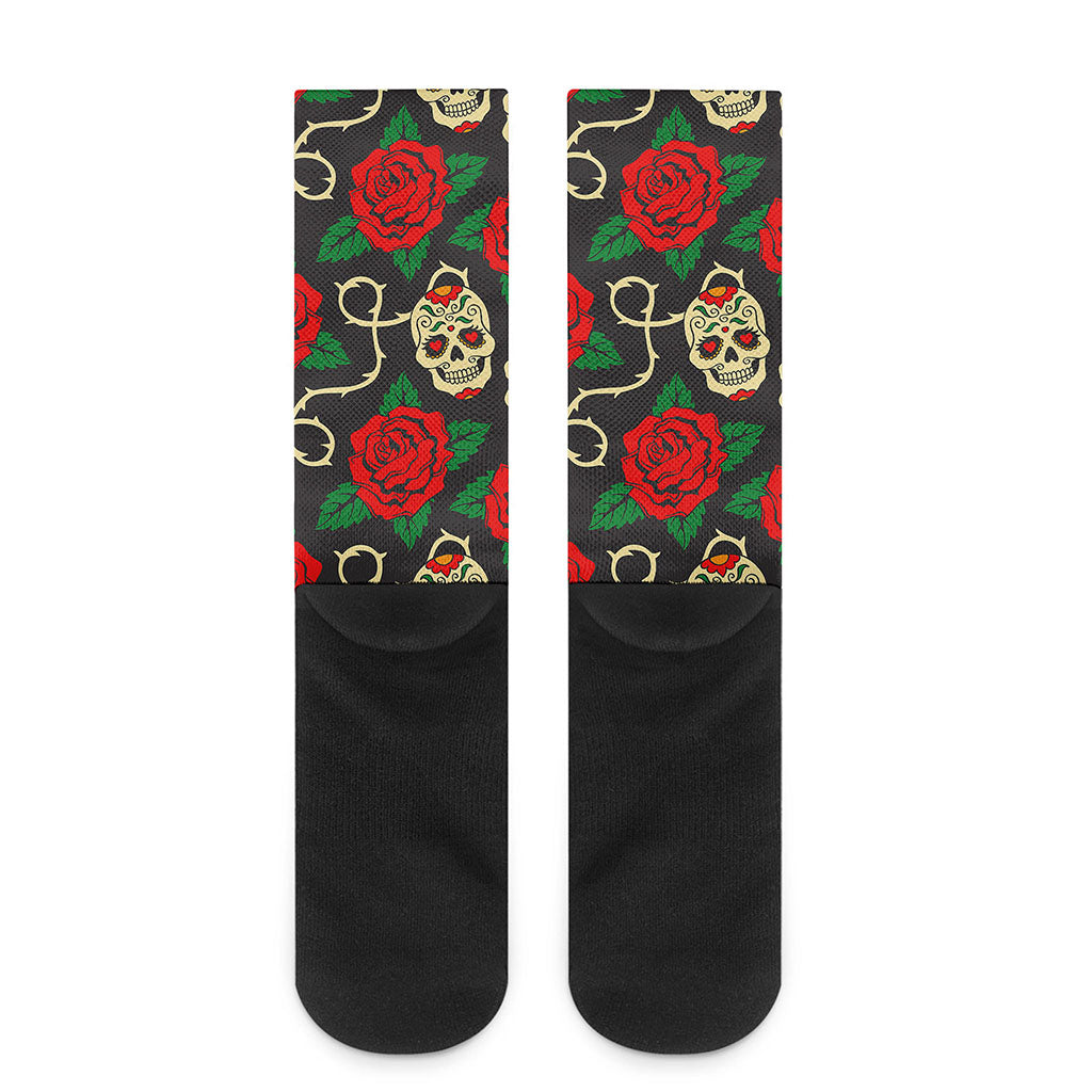 Rose Flower Sugar Skull Pattern Print Crew Socks