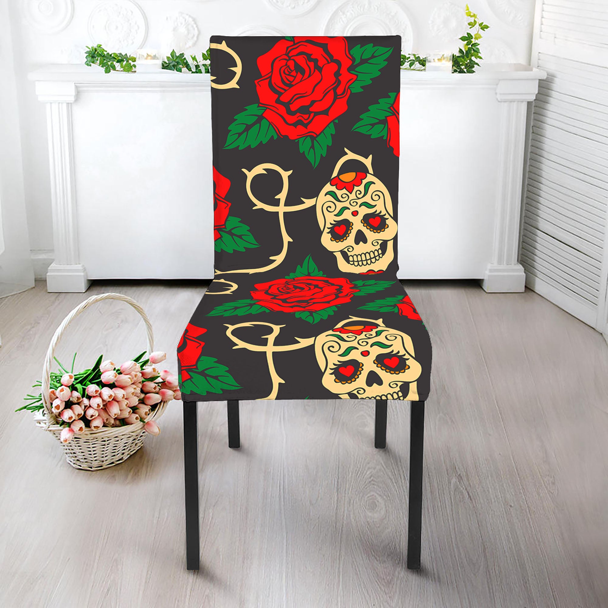 Rose Flower Sugar Skull Pattern Print Dining Chair Slipcover