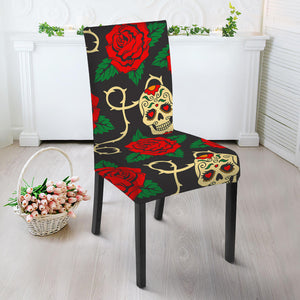 Rose Flower Sugar Skull Pattern Print Dining Chair Slipcover