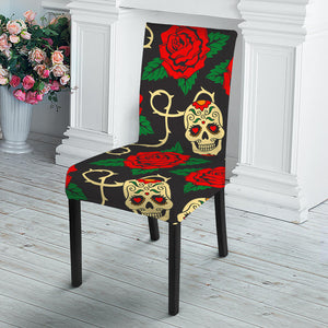 Rose Flower Sugar Skull Pattern Print Dining Chair Slipcover