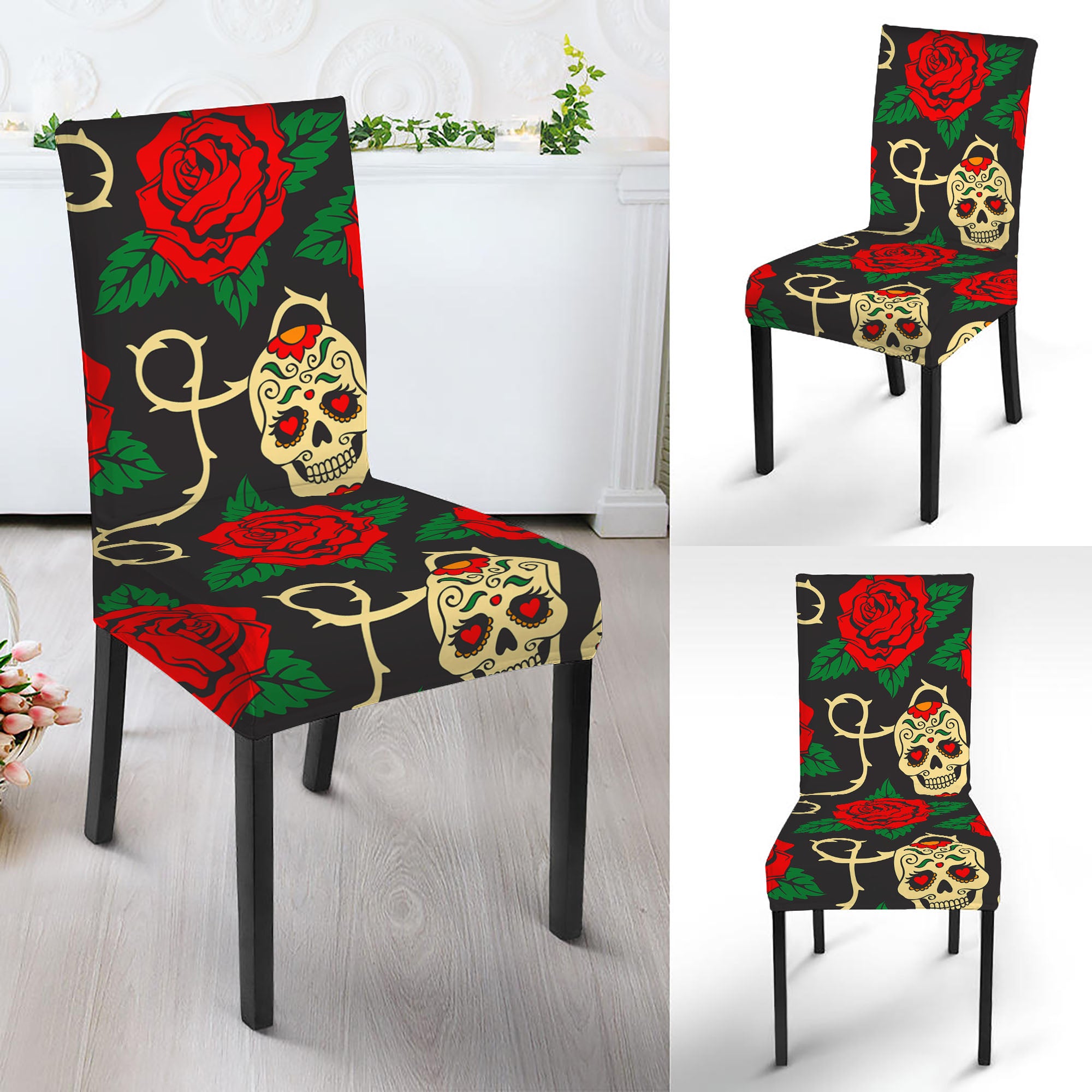 Rose Flower Sugar Skull Pattern Print Dining Chair Slipcover