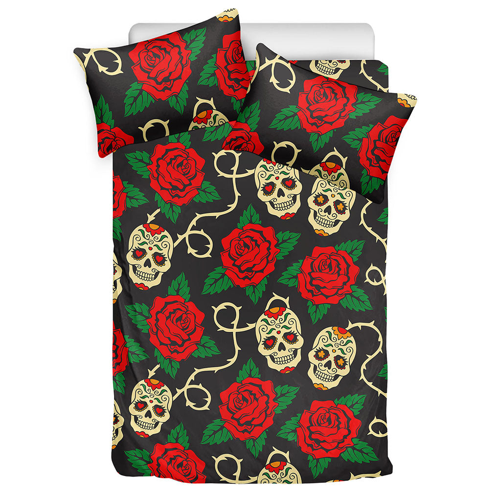 Rose Flower Sugar Skull Pattern Print Duvet Cover Bedding Set