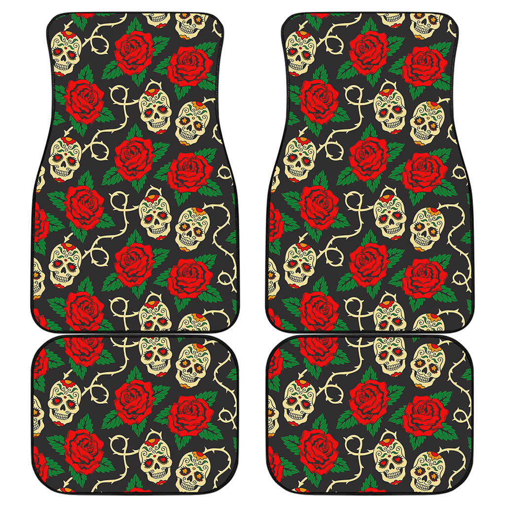 Rose Flower Sugar Skull Pattern Print Front and Back Car Floor Mats