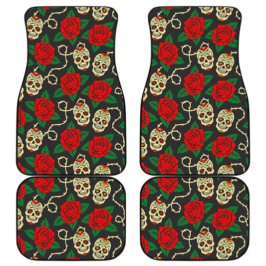 Rose Flower Sugar Skull Pattern Print Front and Back Car Floor Mats