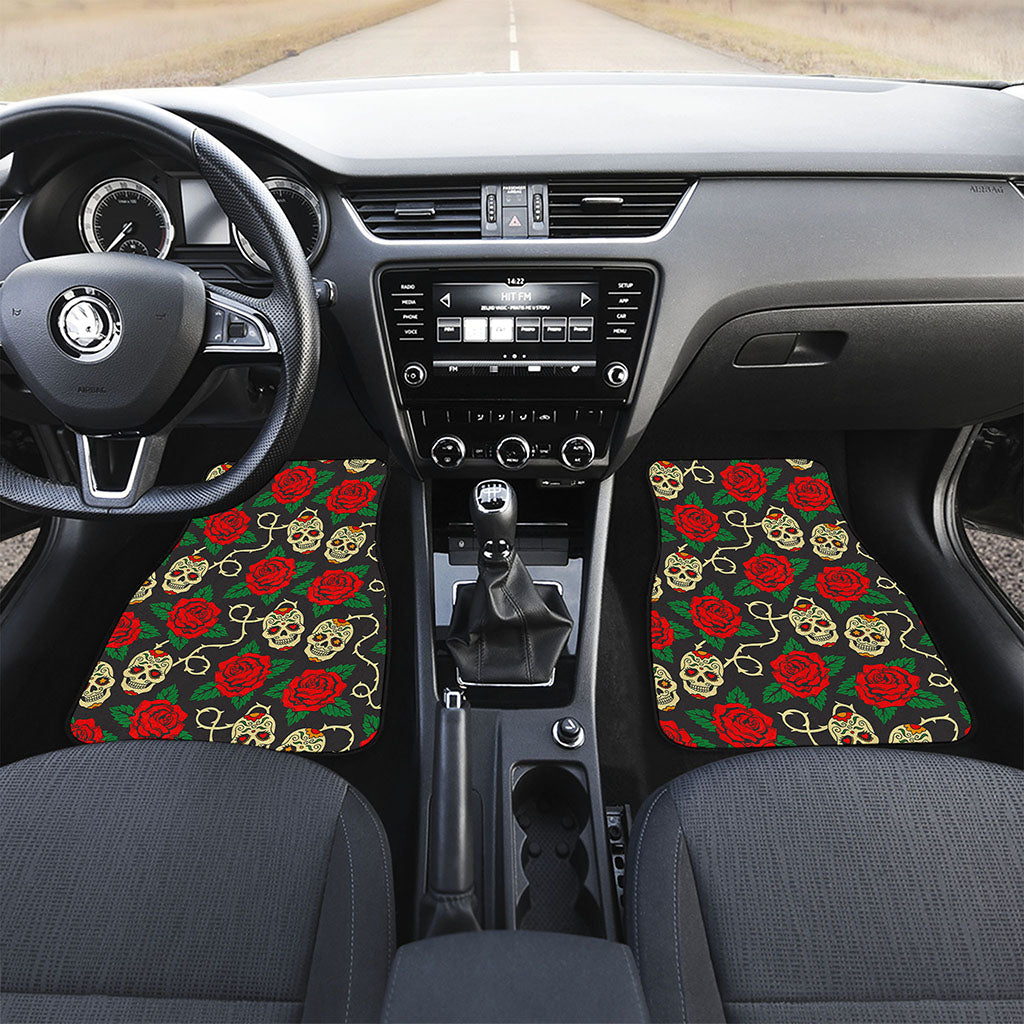 Rose Flower Sugar Skull Pattern Print Front and Back Car Floor Mats