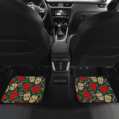 Rose Flower Sugar Skull Pattern Print Front and Back Car Floor Mats
