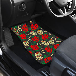 Rose Flower Sugar Skull Pattern Print Front and Back Car Floor Mats