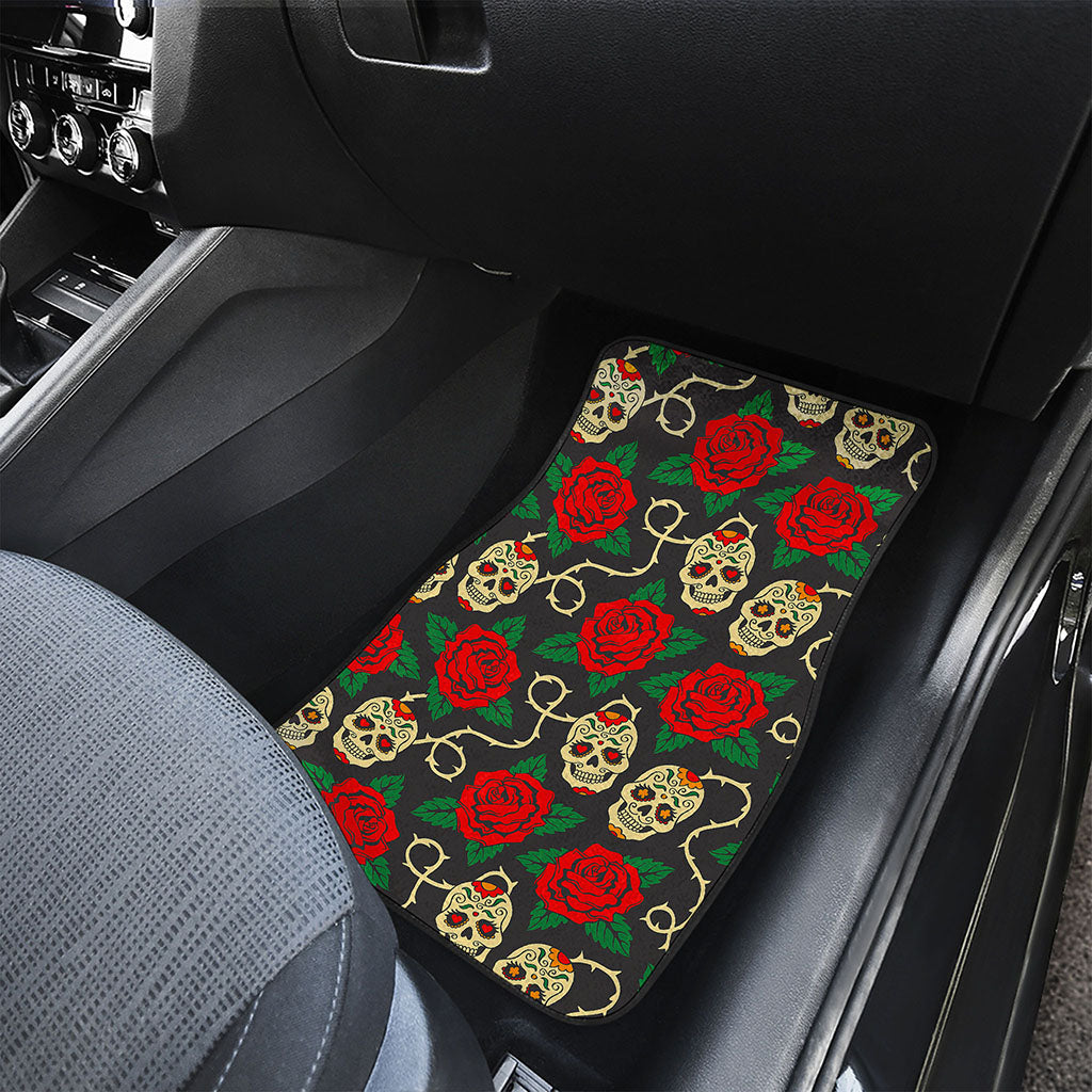 Rose Flower Sugar Skull Pattern Print Front and Back Car Floor Mats