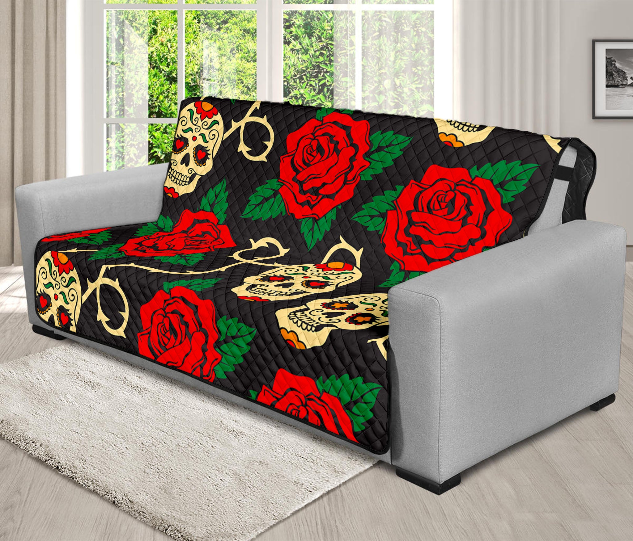 Rose Flower Sugar Skull Pattern Print Futon Protector