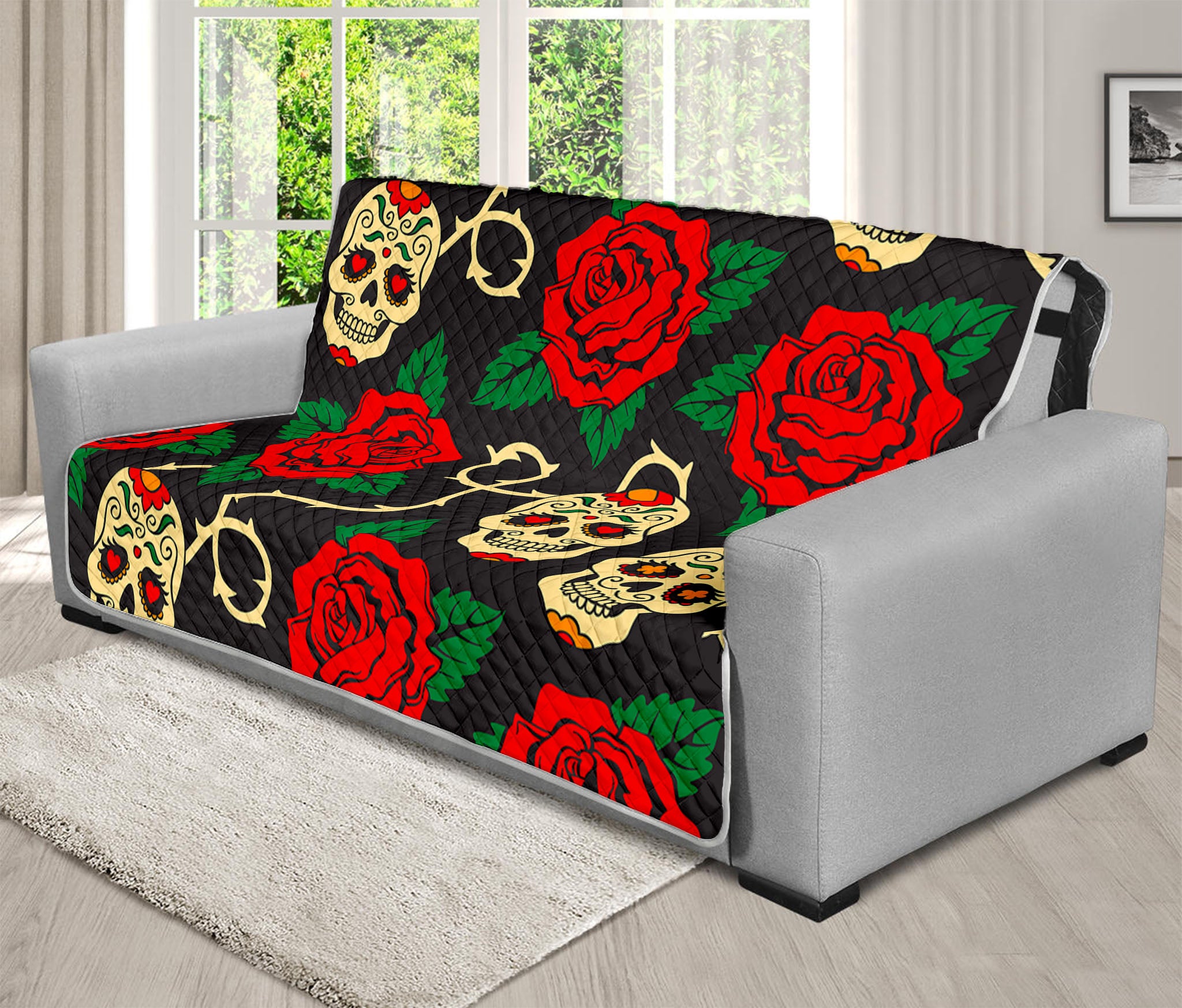 Rose Flower Sugar Skull Pattern Print Futon Protector