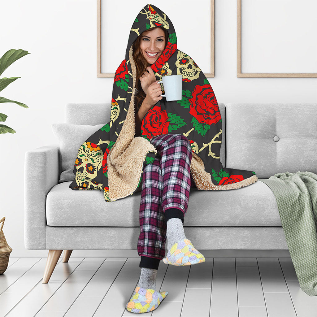 Rose Flower Sugar Skull Pattern Print Hooded Blanket