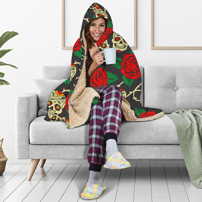 Rose Flower Sugar Skull Pattern Print Hooded Blanket