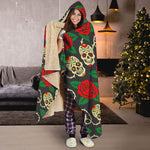Rose Flower Sugar Skull Pattern Print Hooded Blanket