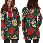 Rose Flower Sugar Skull Pattern Print Hoodie Dress GearFrost